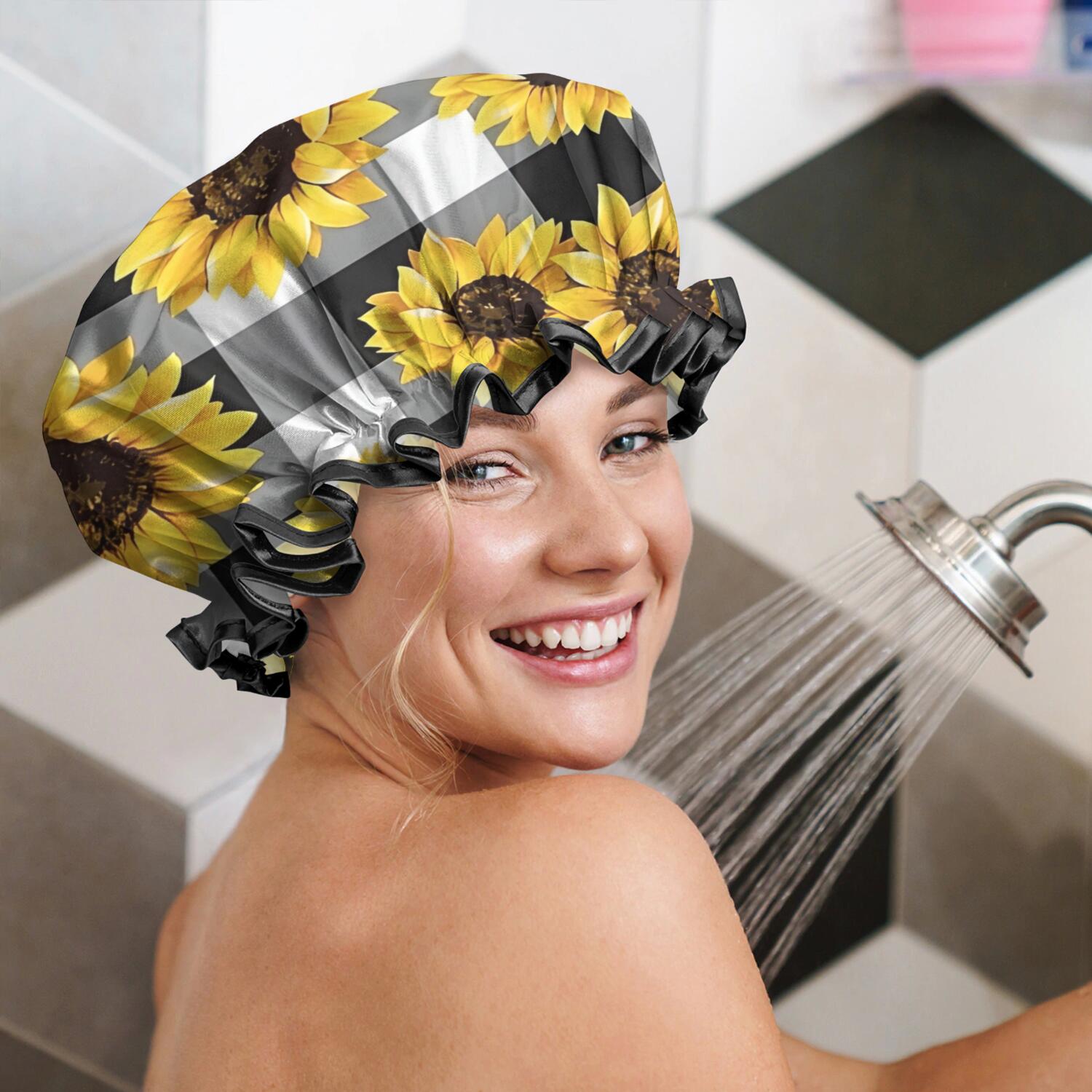 Shower Caps,Black White Gray Checker Sunflower Pattern Waterproof Shower Cap for Women 4 Pieces,Double Reusable Hair Cover for Shower PEVA Elastic Stretch Hem