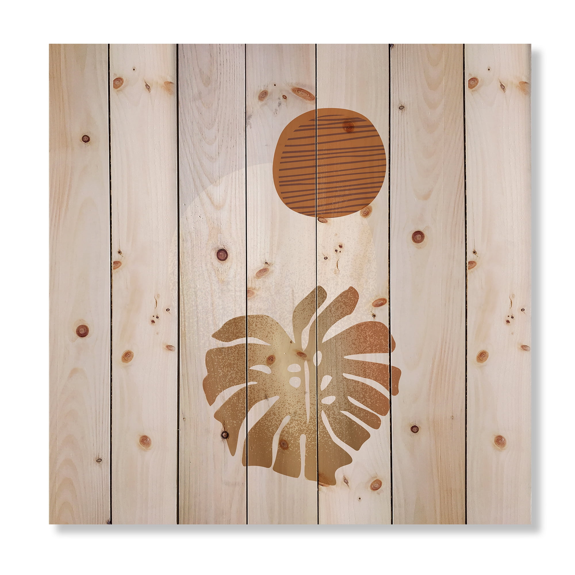 Designart 'Abstract Geometry Shapes and Tropical Palm Leaf II' Modern Print on Natural Pine Wood