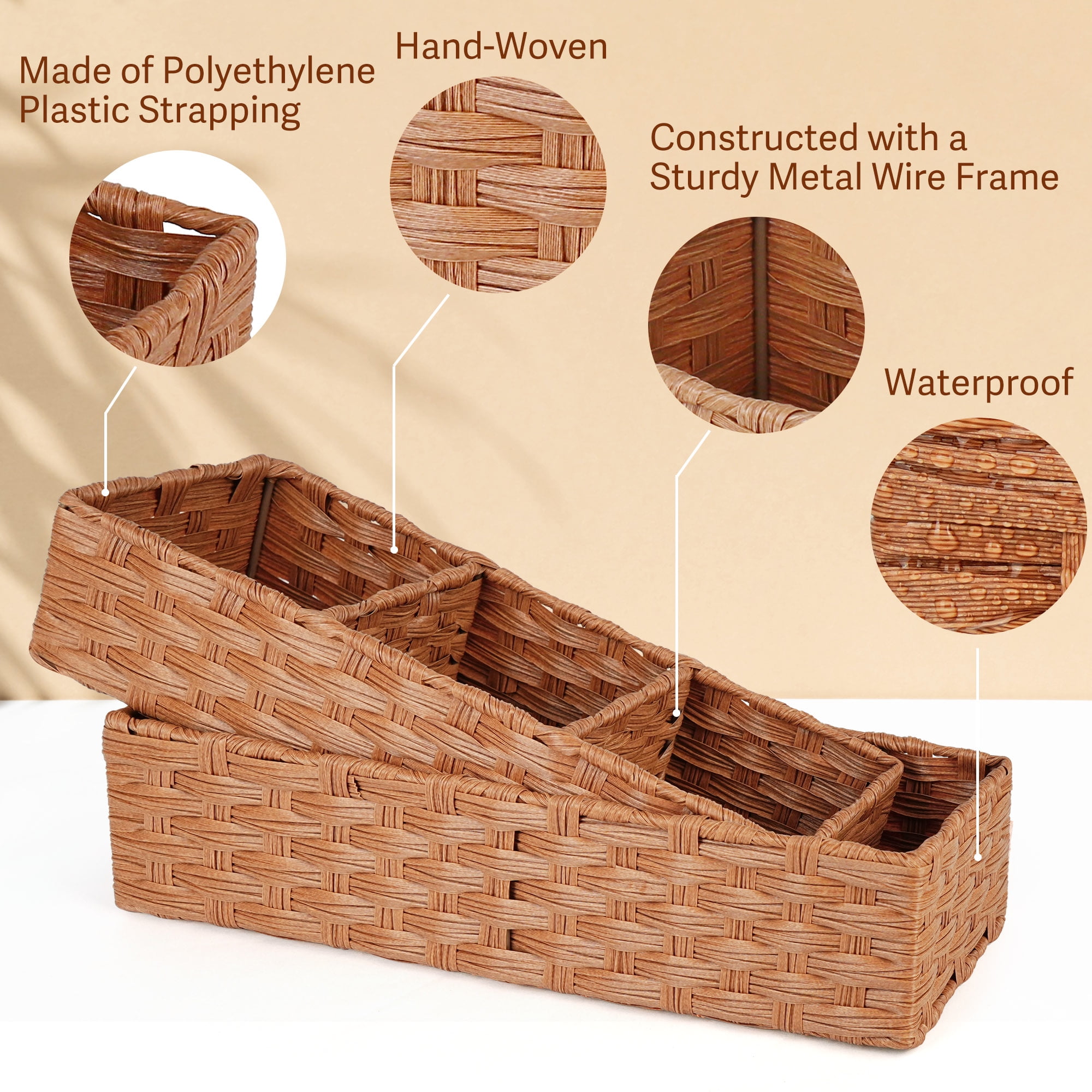 LotFancy Toilet Paper Storage Basket, 2 Pack Woven Wicker Toilet Tray Tank Topper Baskets,Brown