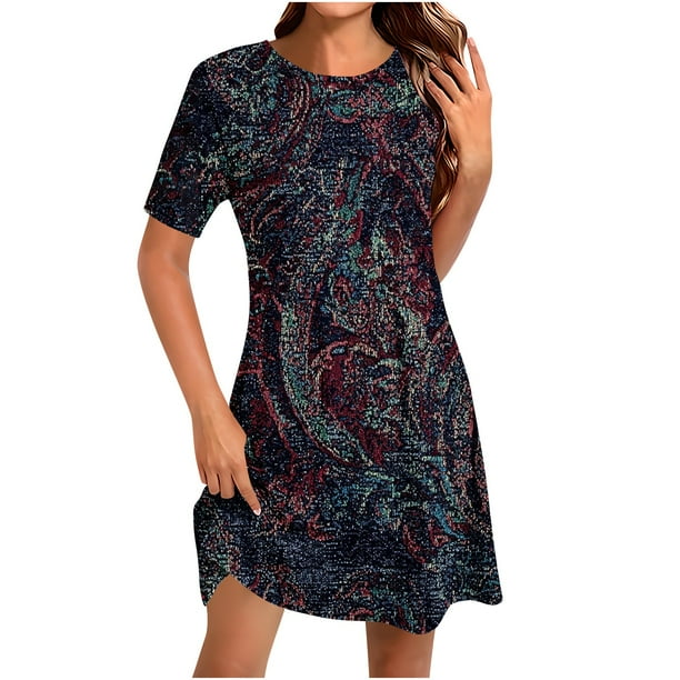 Vestido Corto para las Mujeres Cuello Redondo Manga Corta Impresa Suéter, Moda Casual Estilo Línea