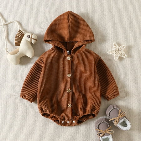 

Infant Baby Newborn Boys Girls Long Sleeve Corduroy Solid Hooded Romper Bodysuit Clothes