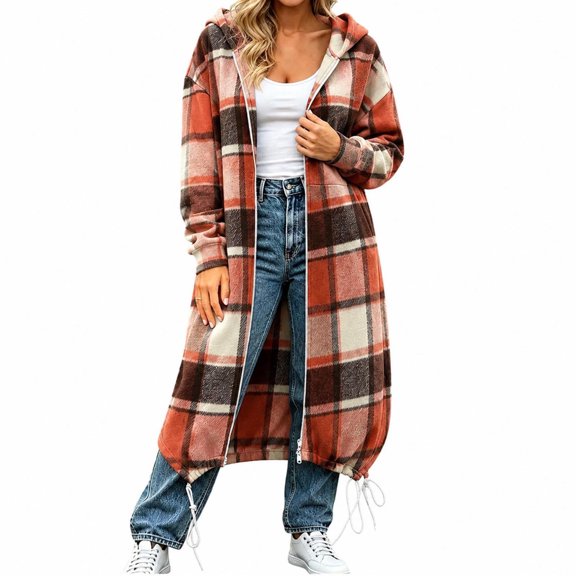 CHGBMOK Women Long Plaid Hooded Jacket Full Zip Up Loose Coat Casual Drawstring Hem Outerwear with Pockets