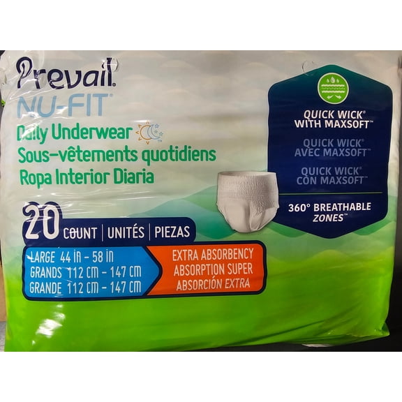 Prevail Nu-Fit Adult Protective Underwear, Large (44-58"), Heavy Absorbency, Pull-On Disposable Incontinence Briefs, 20 Count
