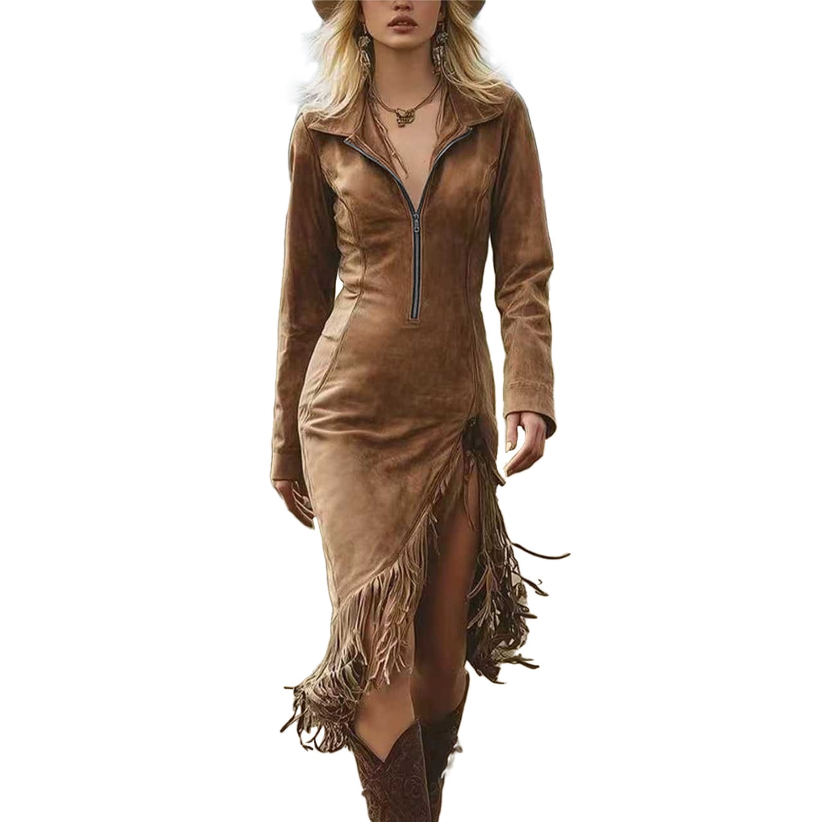 Hueook Cocktail Dresses For Women Midi Dress Cowgirl Tassel Retro Western Dress Long Sleeved Lapel Suede Tassel Zipper Western Style Dress Brown 2X