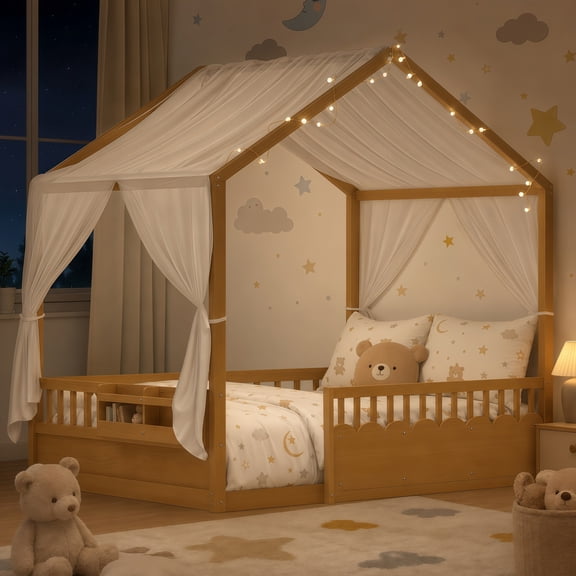Euroco Wood Full Size Montessori Floor Bed, Canopy House Bed Frame with Safety Guardrails and Led Light, Natural