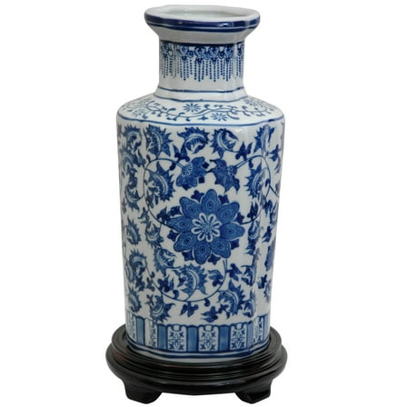 Oriental Furniture 12" Floral Blue & White Porcelain Vase, living room