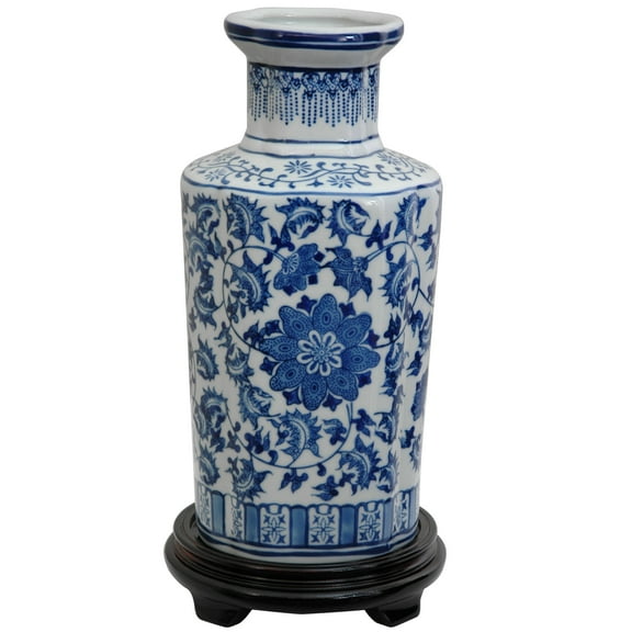 Oriental Furniture 12" Floral Blue & White Porcelain Vase, living room