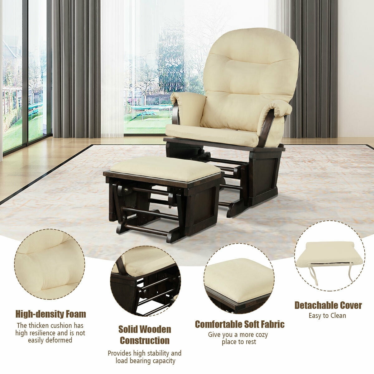 Topbuy Ergonomic Rocking Chair Baby Nursery Chair Glider with Ottoman Light Beige