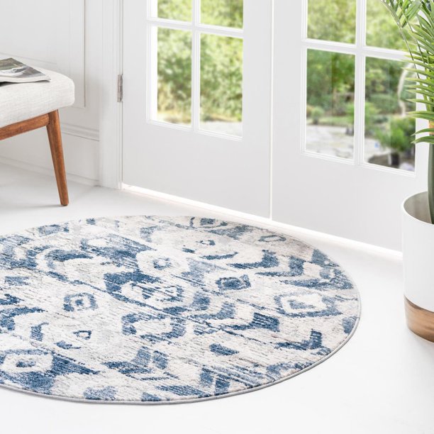 Caspian Collection Round Rug ‚Äì 4 Ft Round Blue LowPile Rug Perfect For Kitchens