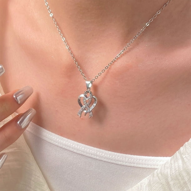Collar de Lazo Rosa con Dije de Corazón de Circonita para Concienciar Sobre El Cáncer de Mama | Joyería de Aleación de Plata para Apoyo y Esperanza | Regalo Inspirador para Sobrevivientes y Simpatiza