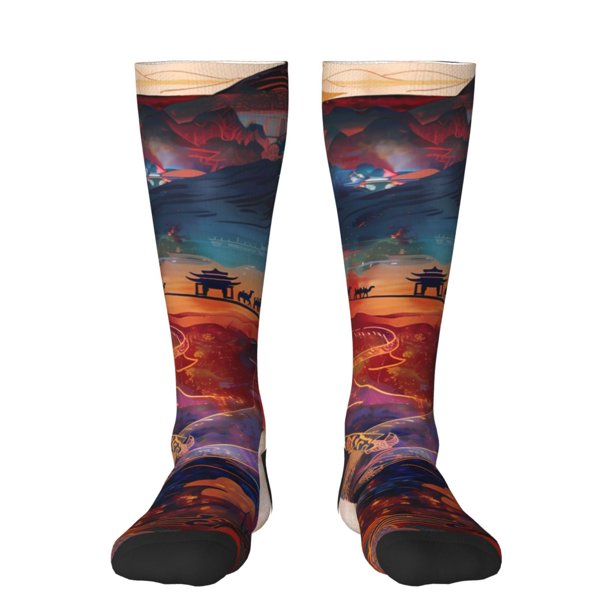 Fotbe Cultural Silhouette Journey Calcetas Divertidas Estampadas para Hombre y Mujer, Calcetas de Algodón hasta la Rodilla para Caminar, Correr, Enfermería y Embarazo