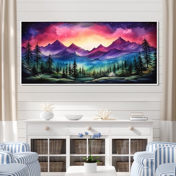 Designart "Aurora Borealis in Pink Canadian Sky I" Oversized Landscapes Framed Wall Art - Coastal Pink Landscape Cottage Mountains Winter Entryway Framed Wall Art Print