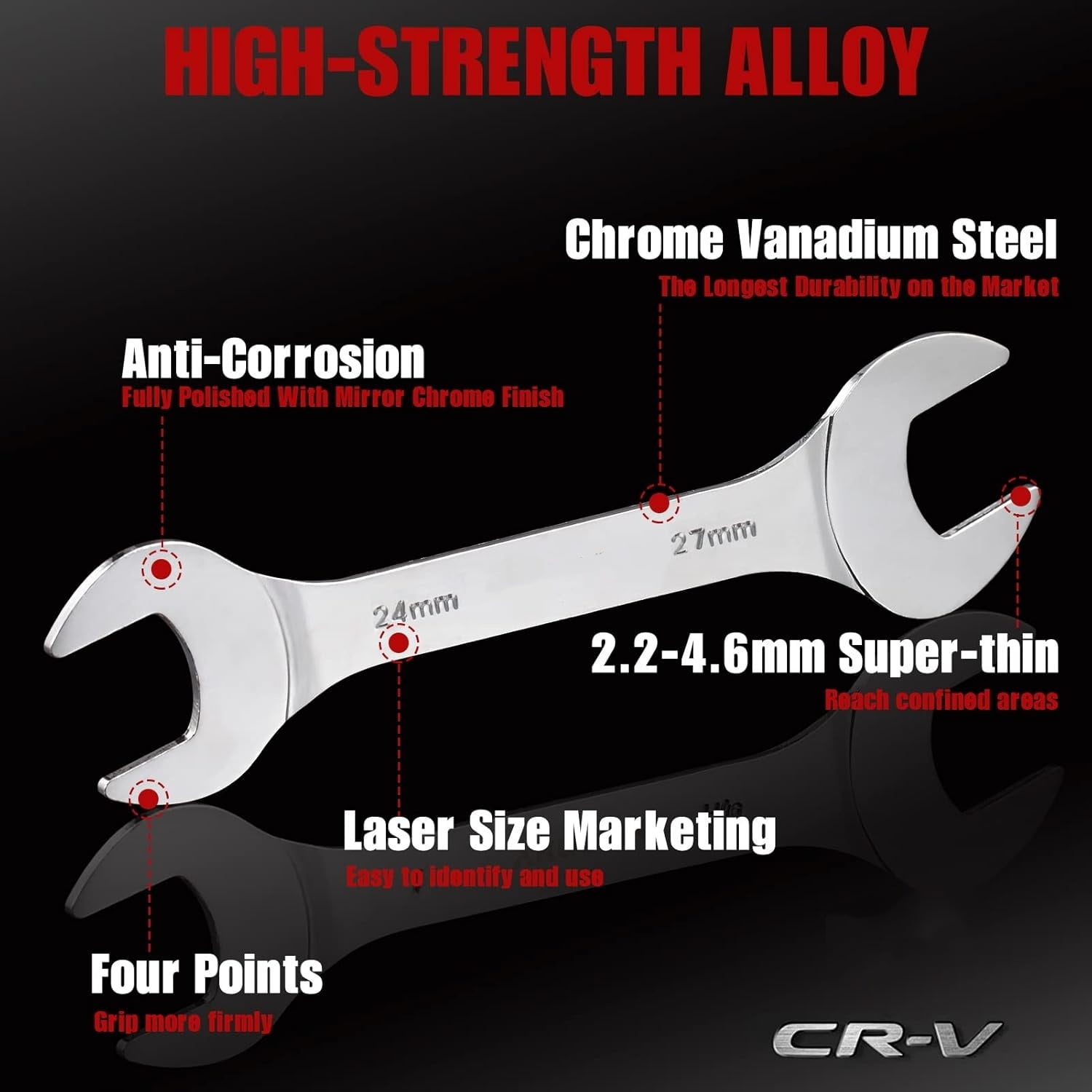 Super-Thin Open End Wrench Set, 18-Piece SAE & Metric 1/4" to 1-1/16" and 5.5mm to 27mm Chrome Vanadium Steel Wrench Set with Rolling Pouch