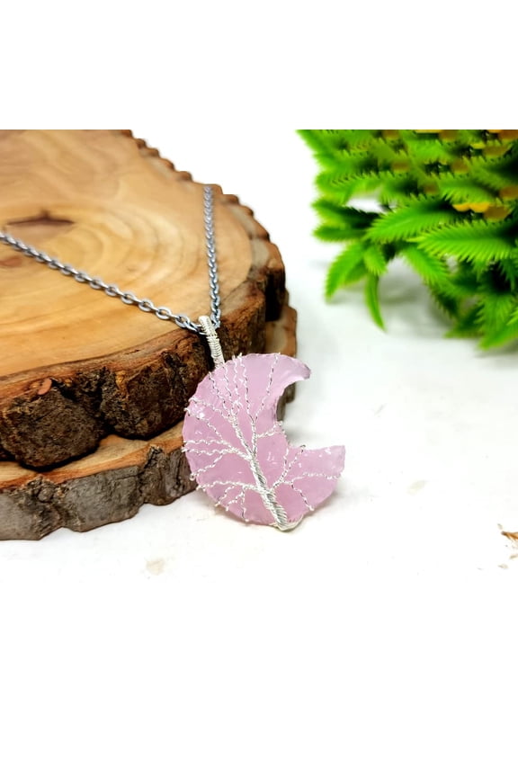Rose Quartz Moon Necklace - Crystal pendant - Rose Quartz Stone Pendant - Wire Wrapped Healing Jewelry Gift - Handcrafted Accessories By Orgonite Shop