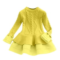 SERTG Kids Solid Color Knit Sweater Mesh Dress Long Sleeve Round Neck Casual Fall Winter Elegant Layered Tunic Skirt for Children 1-6 Years(Yellow,3 Years)