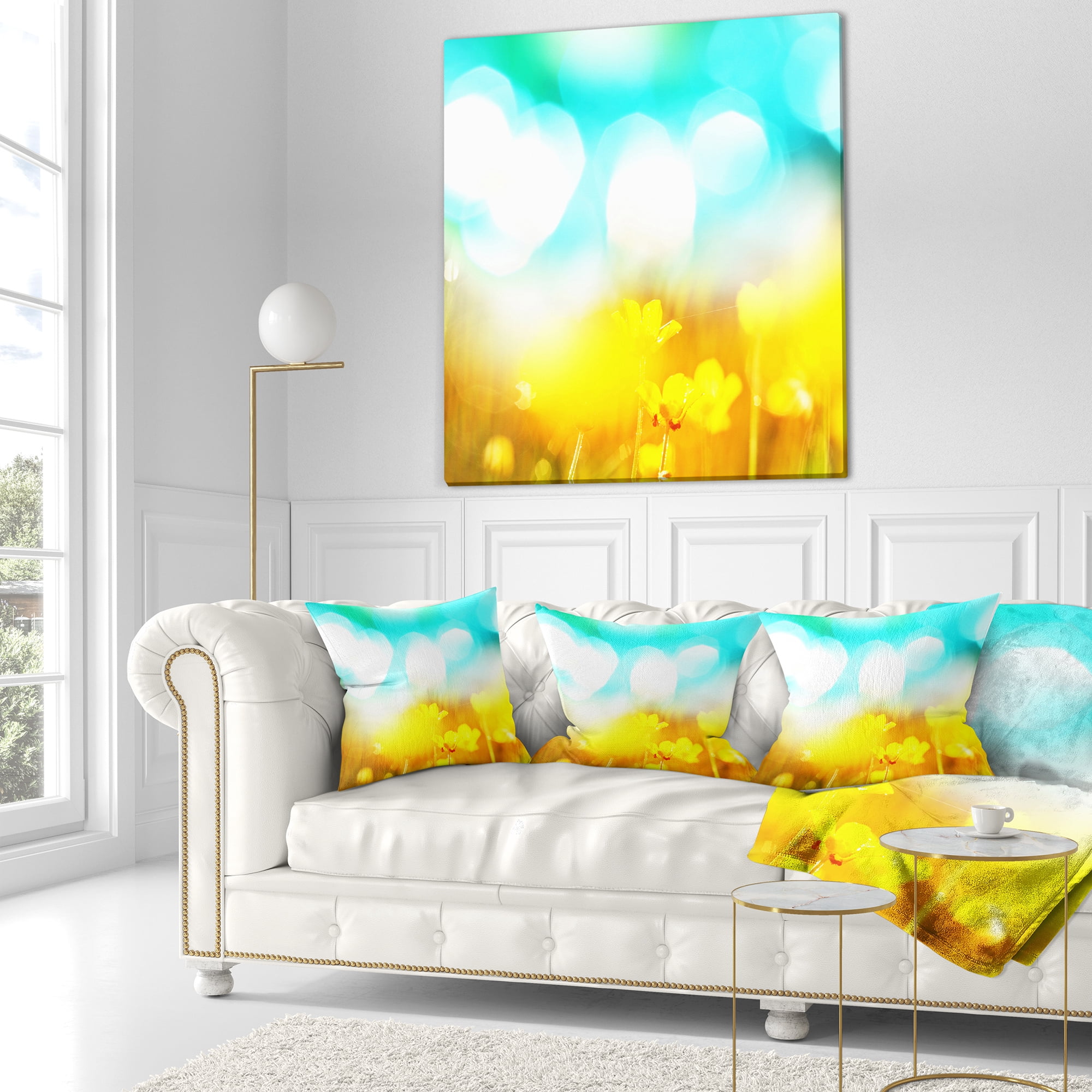 Designart Yellow Flowers on Blue Background - Flower Throw Pillow - 16x16