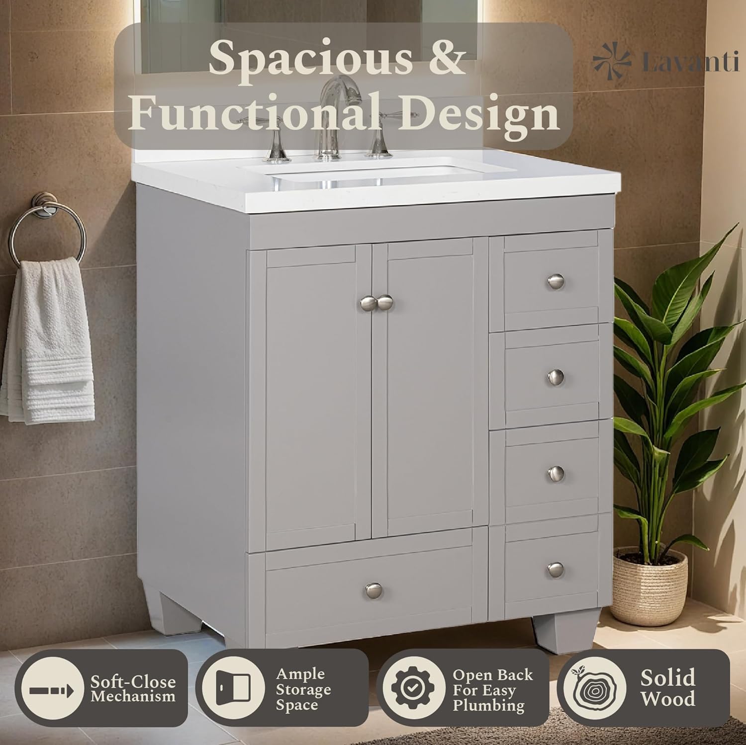 Lavanti Depos Solidwood 28-inch Bathroom Vanity with Sink - Stylish Gray