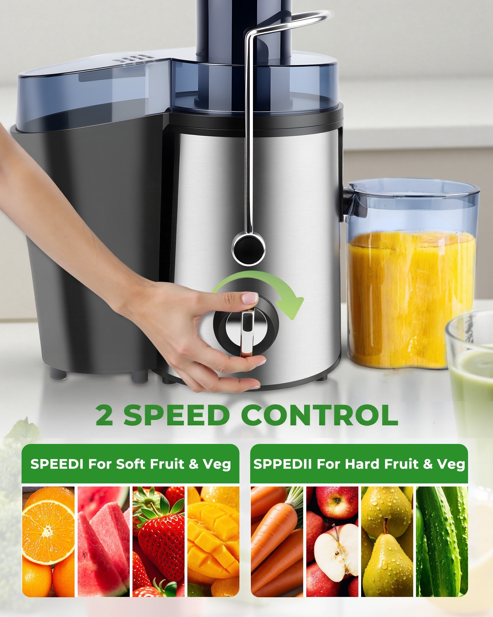 Casualife Electric Juicer Machine, 3 Inch Wide Feed Chute, Centrifugal Juicer for Whole Fruits and Vegetables, Easy to Clean, Silver
