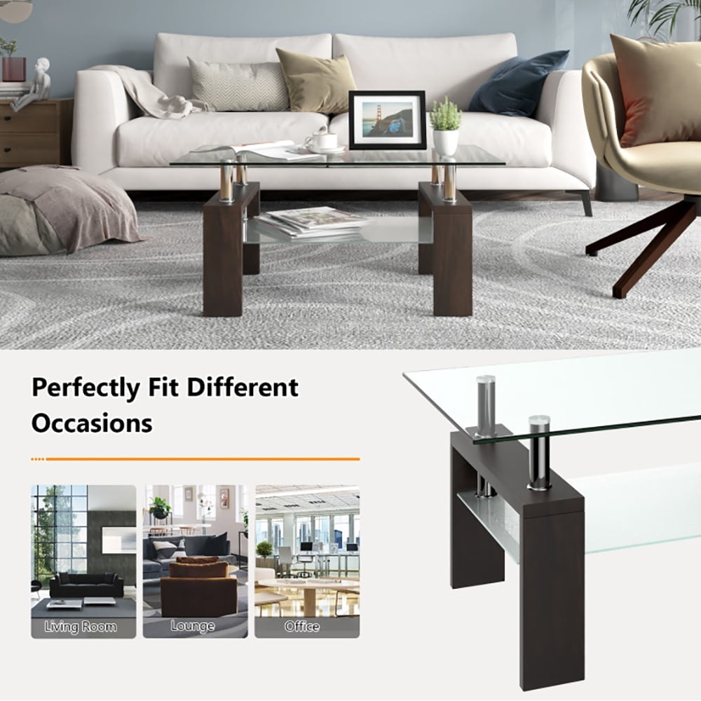 Finihen Glass Coffee Table, Rectangular Coffee Table, Rectangular Tempered Glass Coffee Table with Shelf, for Living Room, Reception Room, Brown Finihen Glass Coffee Table, Rectangular Coffee Table, Rectangular Tempered Glass Coffee Table with Shelf, for Living Room, Reception Room, Brown