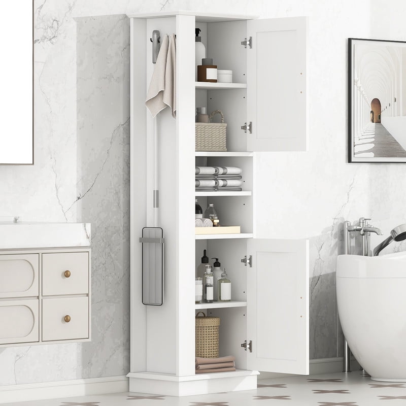 Freestanding Modern 2-Door Bathroom Storage Cabinet, Versatile Sideboard Pantry Cabinet with Hooks and Adjustable Shelves
