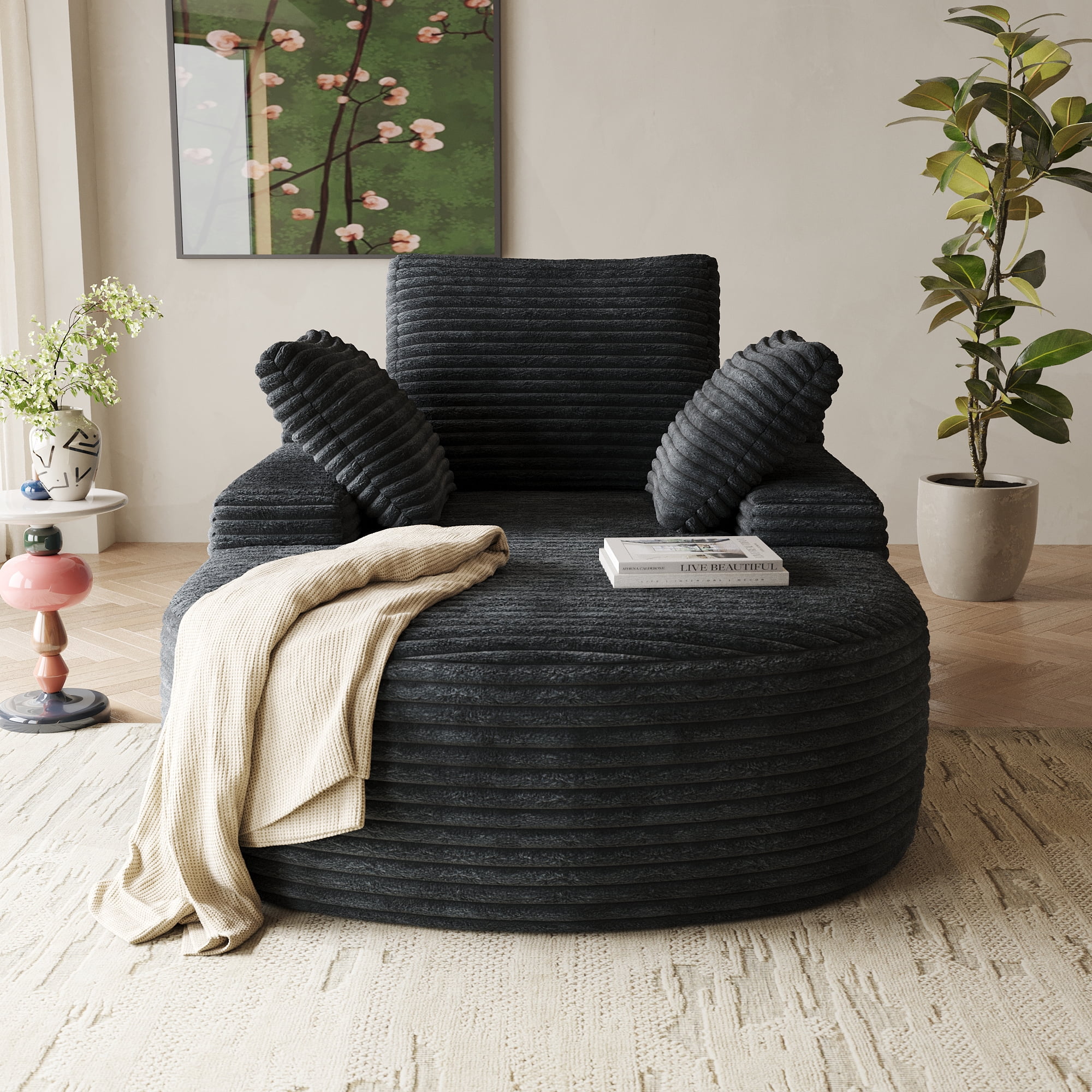 Sdorens 67" Chaise Lounge Chair Indoor,Oversized Corduroy Upholstered Boneless Sofa Bed,Deep Seat Sleeper Couch Reading Chairs Cloud Sofas Couches for Living Room, No Assembly Required (Black)