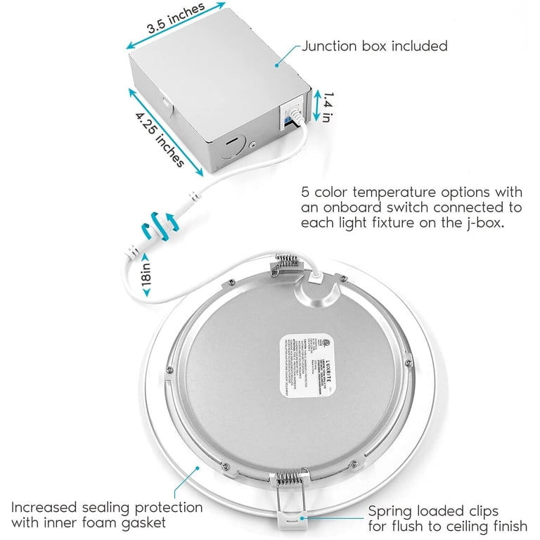 LUXRITE 4" LED Recessed Light With J-Box, 18W, 1500 Lumens, 5 Color Selectable, Dimmable, Wet Rated, IC Rated, ETL Listed LR24930-1PK