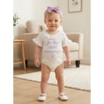 thumbnail image 6 of Cenuakty Baby Toddler Newborn Girl Summer Romper Letter Embroidery Ruffled Short Sleeve Jumpsuit with Cute Bow Headband Set, 6 of 9