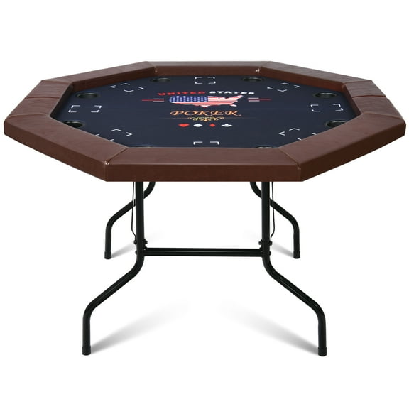 RayChee Poker Table Foldable, 8 Player Octagonal Texas Holdem Table w/Cushioned Rail, Stainless Steel Cup Holders, Casino-Grade Felt Surface (Brown)