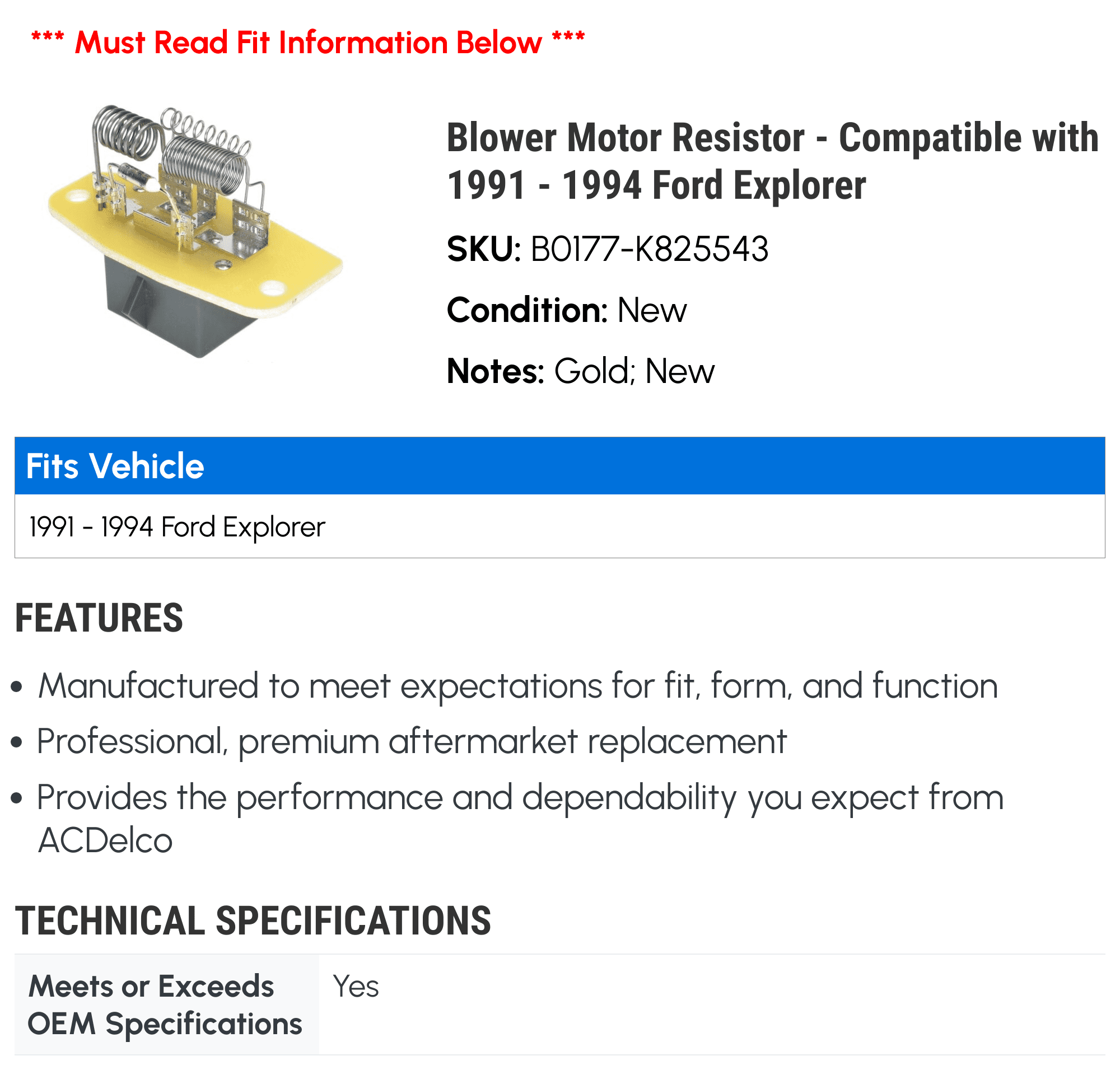Blower Motor Resistor - Compatible with 1991 - 1994 Ford Explorer - AC Delco