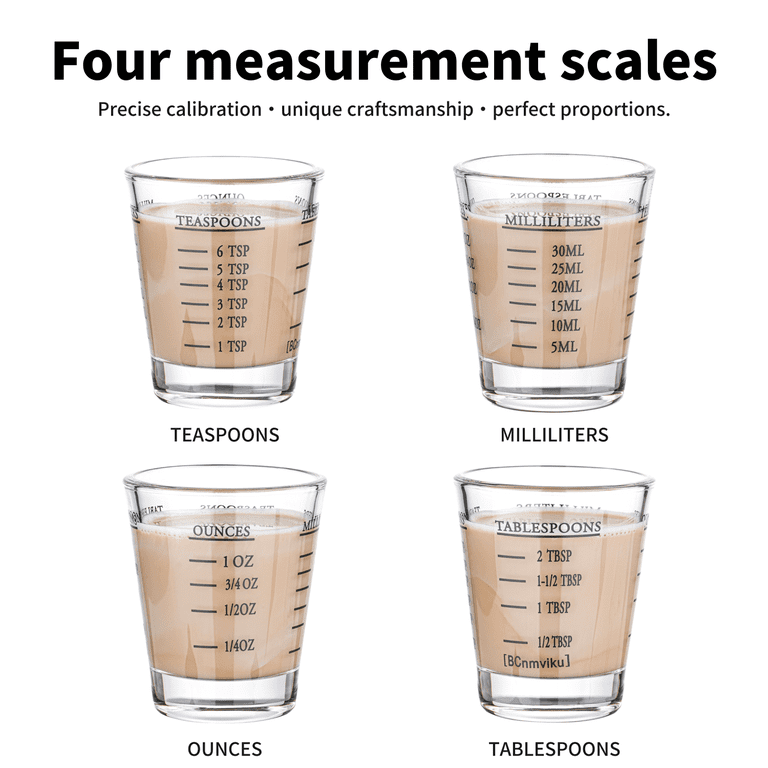 Bcnmviku Shot Glasses Measuring cup Espresso Shot Glass Liquid Heavy Glass Wine Glass 2 Pack 26-Incremental Measurement 1oz, 6 Tsp, 2 Tbs, 30ml (2pack