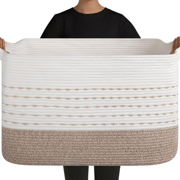 108L Extra Large Blanket Basket, 25”x16”x16” Rectangle Woven Cotton Rope Baskets for for Living Room, Toy Storage with Handle- Gradient Light Brown