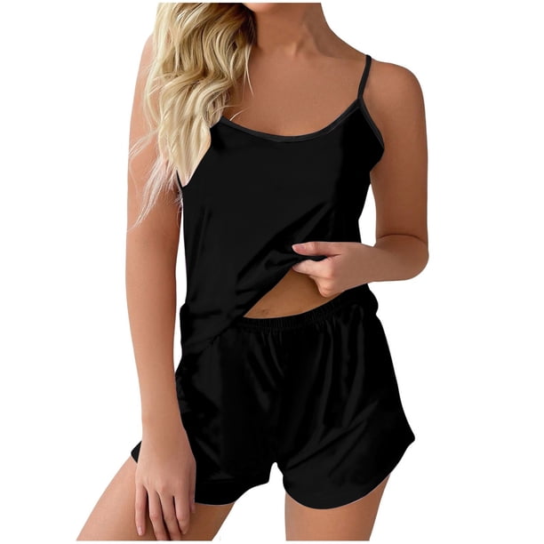 Conjunto de pijama de satén para mujer, informal, de color liso, con tirantes, pantalones cortos, para el hogar