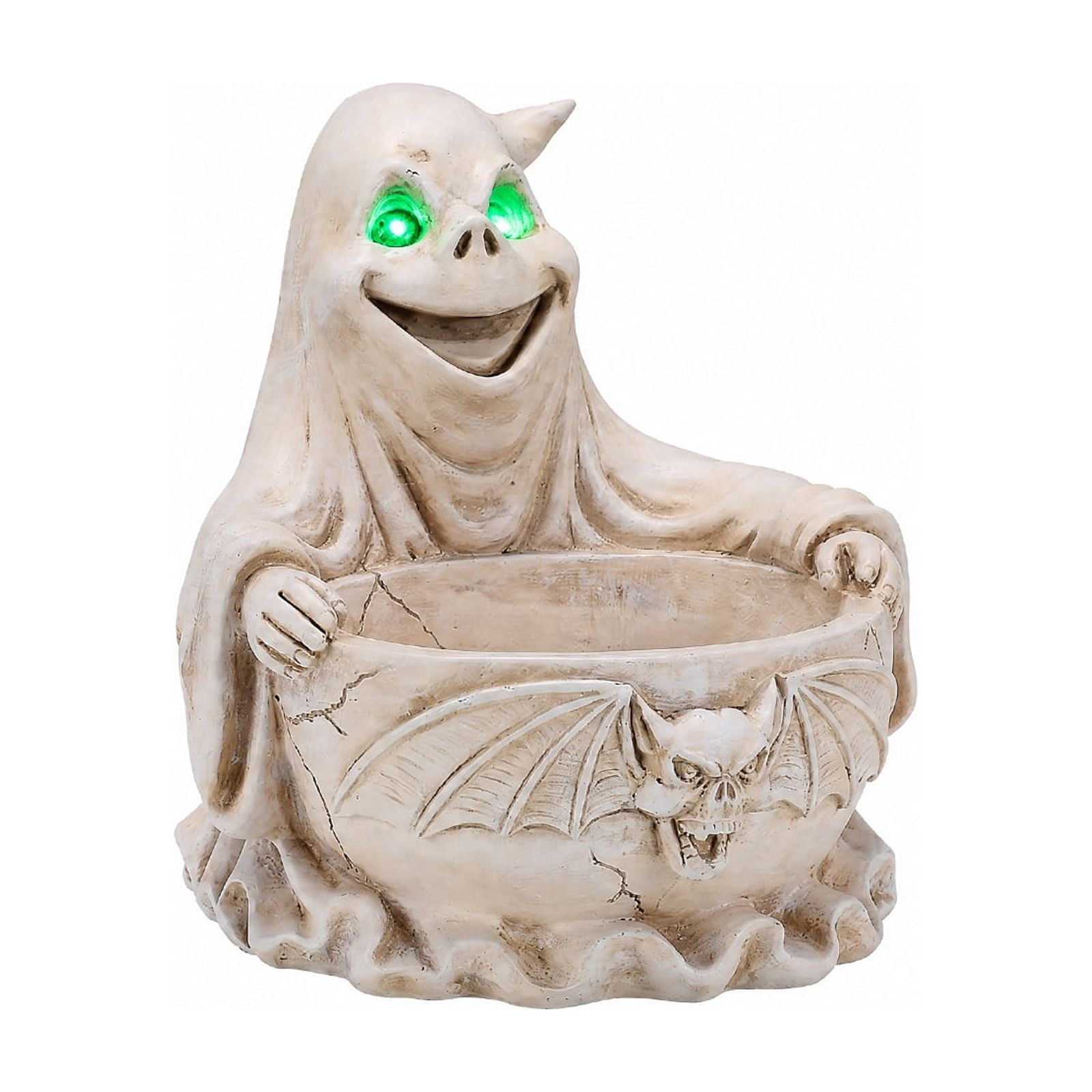 Halloween Ghost Candy Bowl with LED Glowing Eyes Resin Tabletop Decor Bat Design