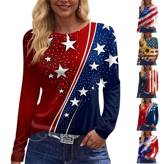 KDDYLITQ Womens Independence Day Freedom Tshirt Vintage 250 Years Birthday Crew Neck T-Shirts July 4th Printed Liberty Tees Usa Star Stripes 2026 Long Sleeve Tops Wine 2XL