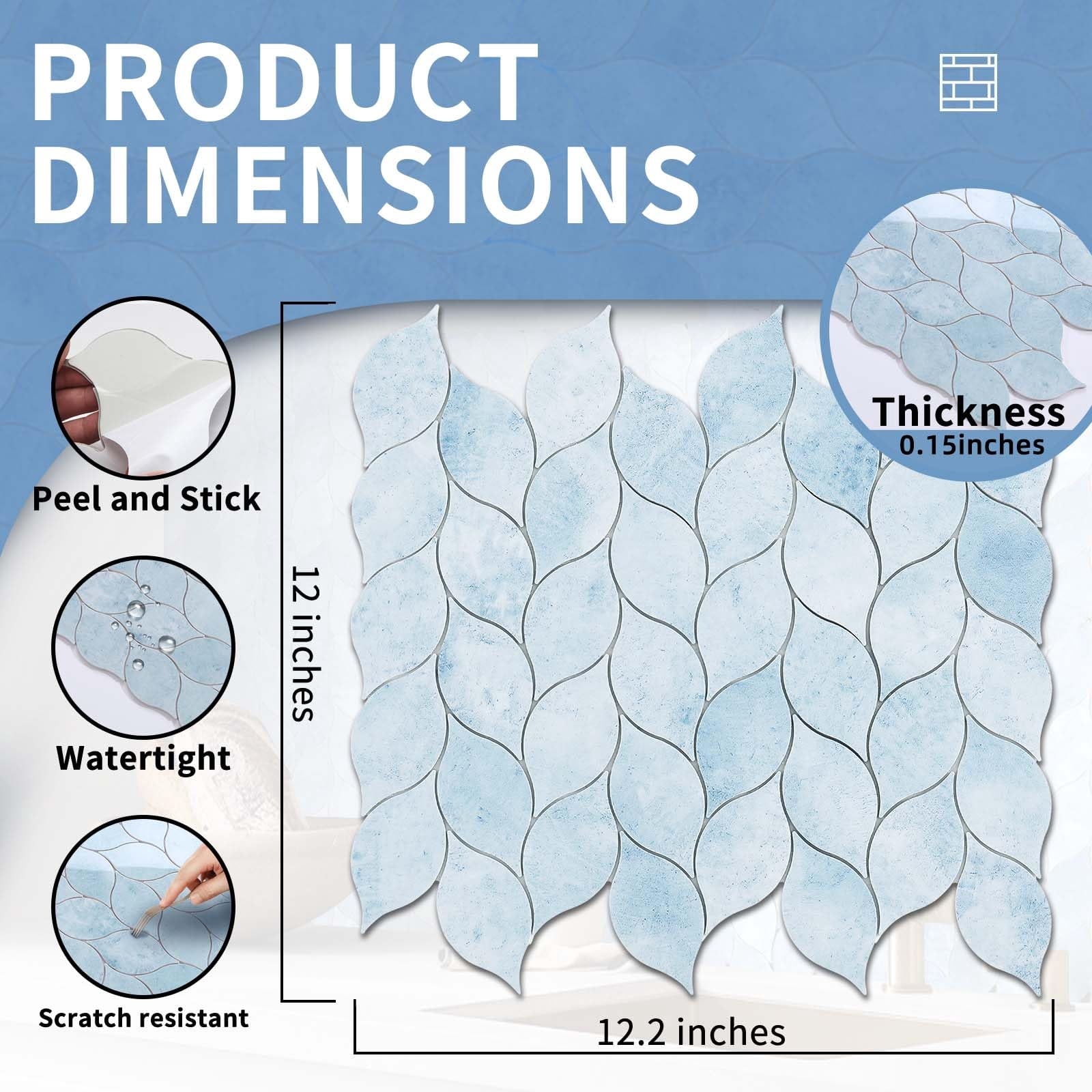 10-sheet Peel And Stick Backsplash Tile For Kitchen  Self-adhesive Mosaic Glossy Leaf On Wall With Gaps (pastel Blue)