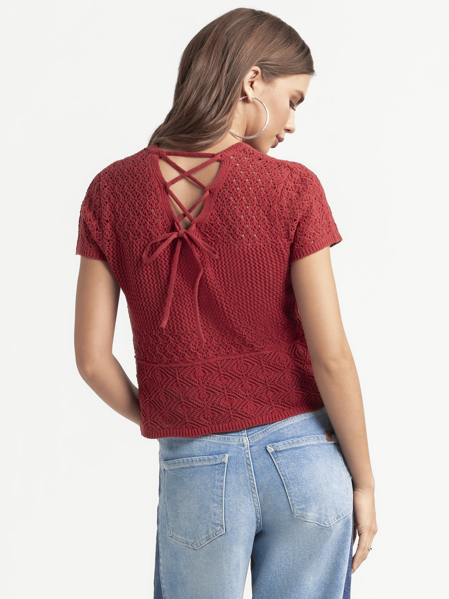 Jessica Simpson Women's Alicia Crochet Tee with Lace Up Back, Sizes XS-XL