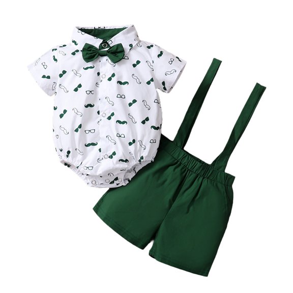 LNMQLPDBS Boys' Clothing Sets Cute Pattern Prints Button Lapel Romper with Bow Tie & Solid Color Elastic Waist Suspender Shorts 2pcs Outfit 9-12 Month Boy Clothes Newborn Gifts Baby Gentleman Suits