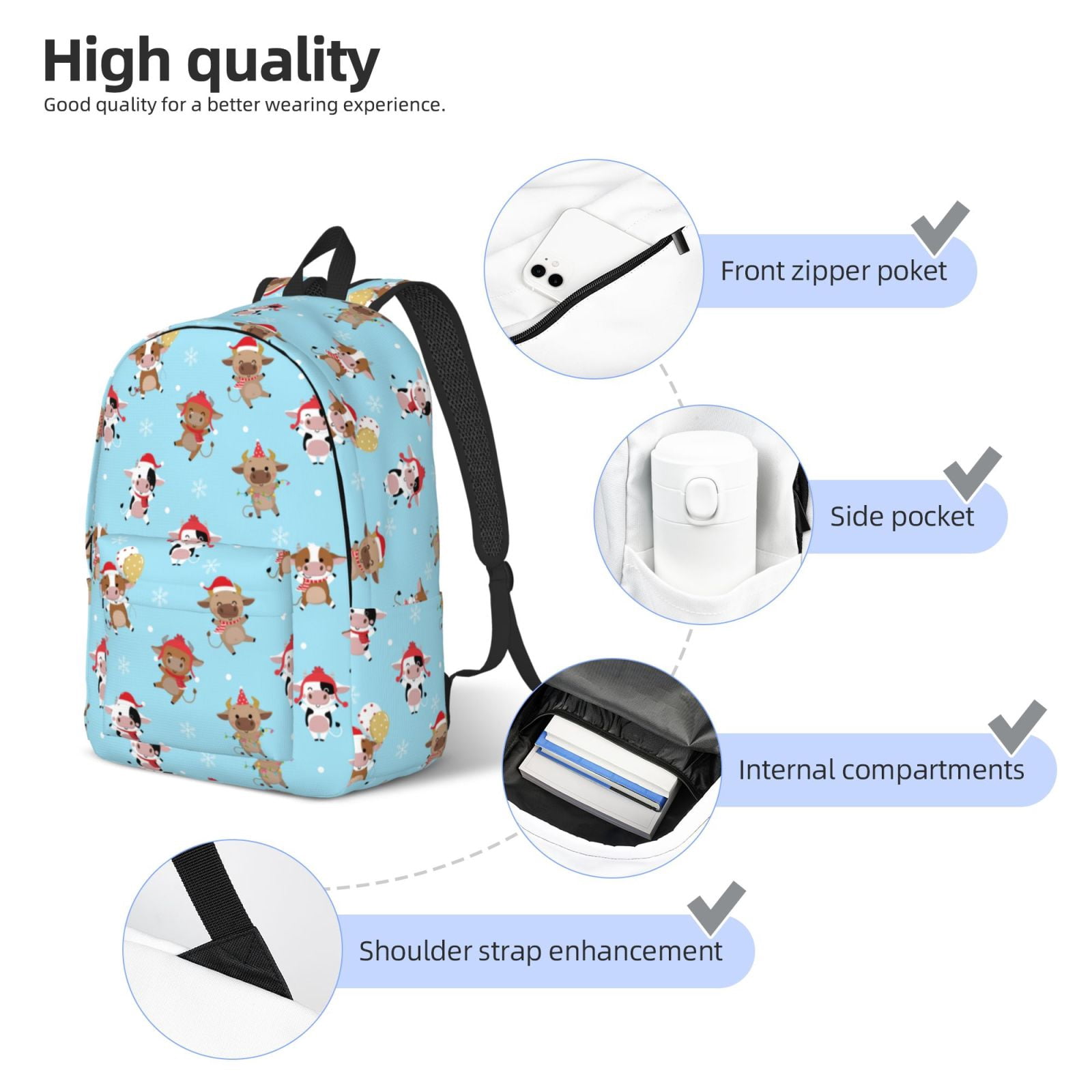 Vsdgher winter cow cute Print Canvas Backpack Travel Rucksack Unisex Knapsack 15.7/17.7Inch Laptop Backpack for Work,College -Small