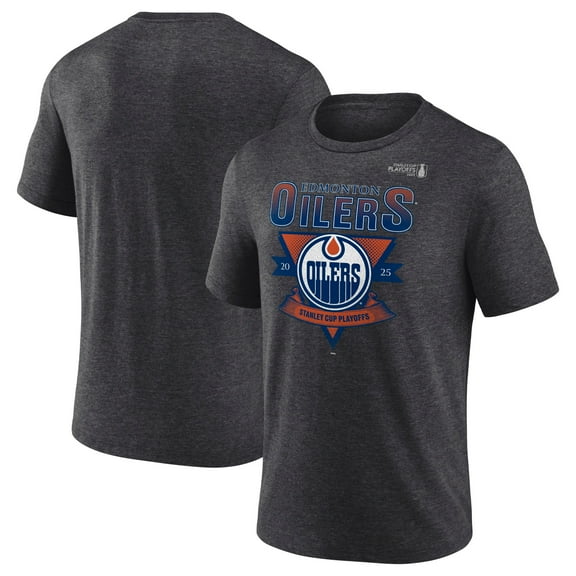 Men's Fanatics Heather Charcoal Edmonton Oilers 2025 Stanley Cup Playoffs Crossbar Tri-Blend T-Shirt