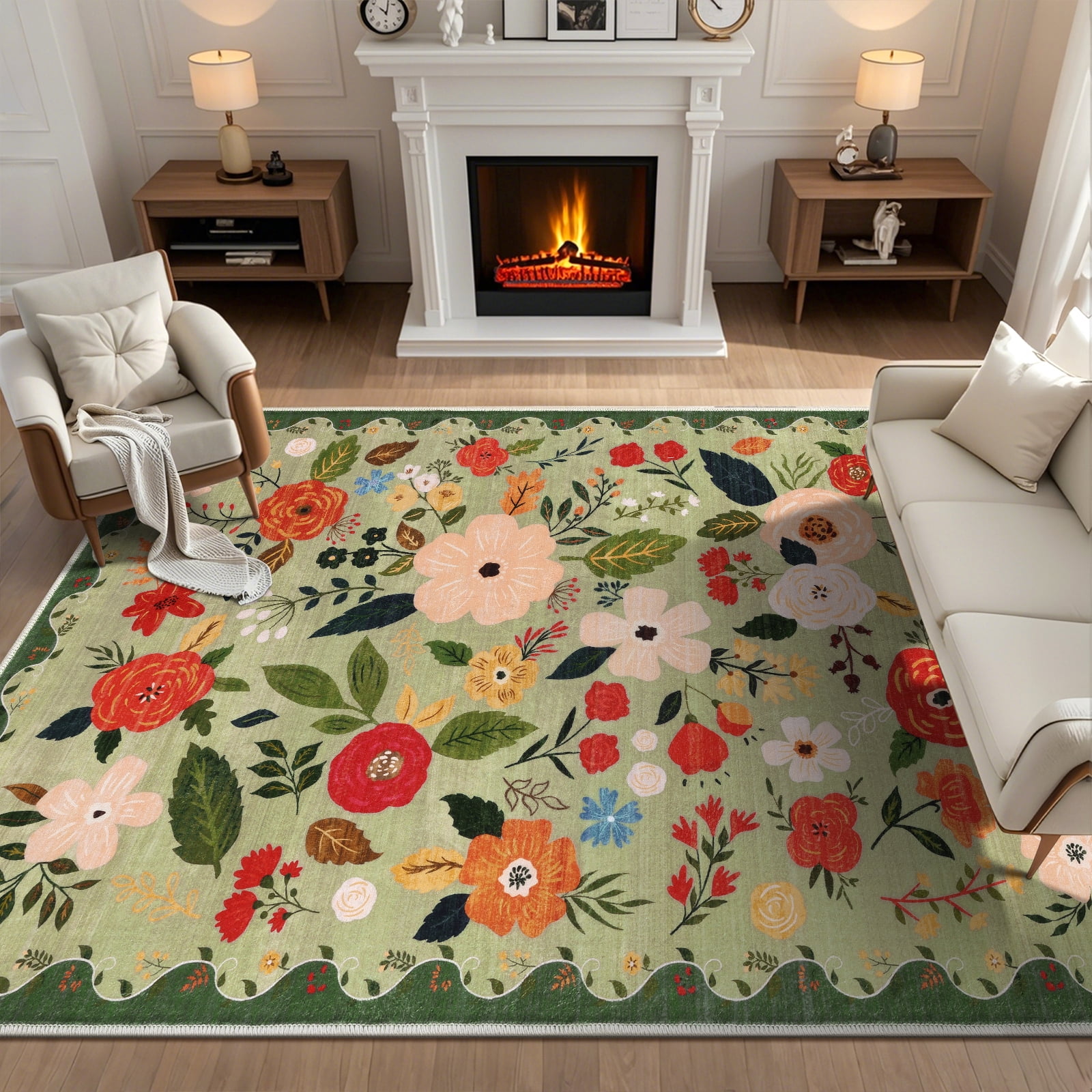 8x10 ft Living Room Area Rug Machine Washable Boho Area Rug Non Slip Floral Vintage Low Pile Large Rug for Living Room, Bedroom, Farmhouse, Dining Room