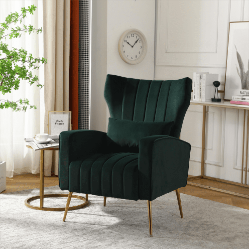 Velvet Accent Chair with Lumbar Pillow Upholstered Wingback Armchair 