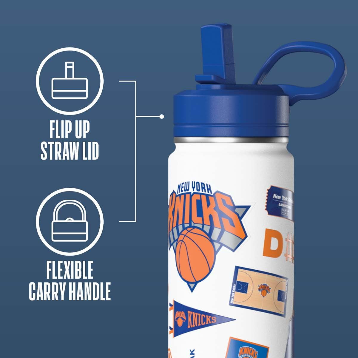 Hydrapeak x NBA Officially Licensed New York Knicks 20 oz Active Water Bottle with Straw Lid and Handle Reusable Stainless Steel Double Wall Insulated Sports Gift for Kids/Adults