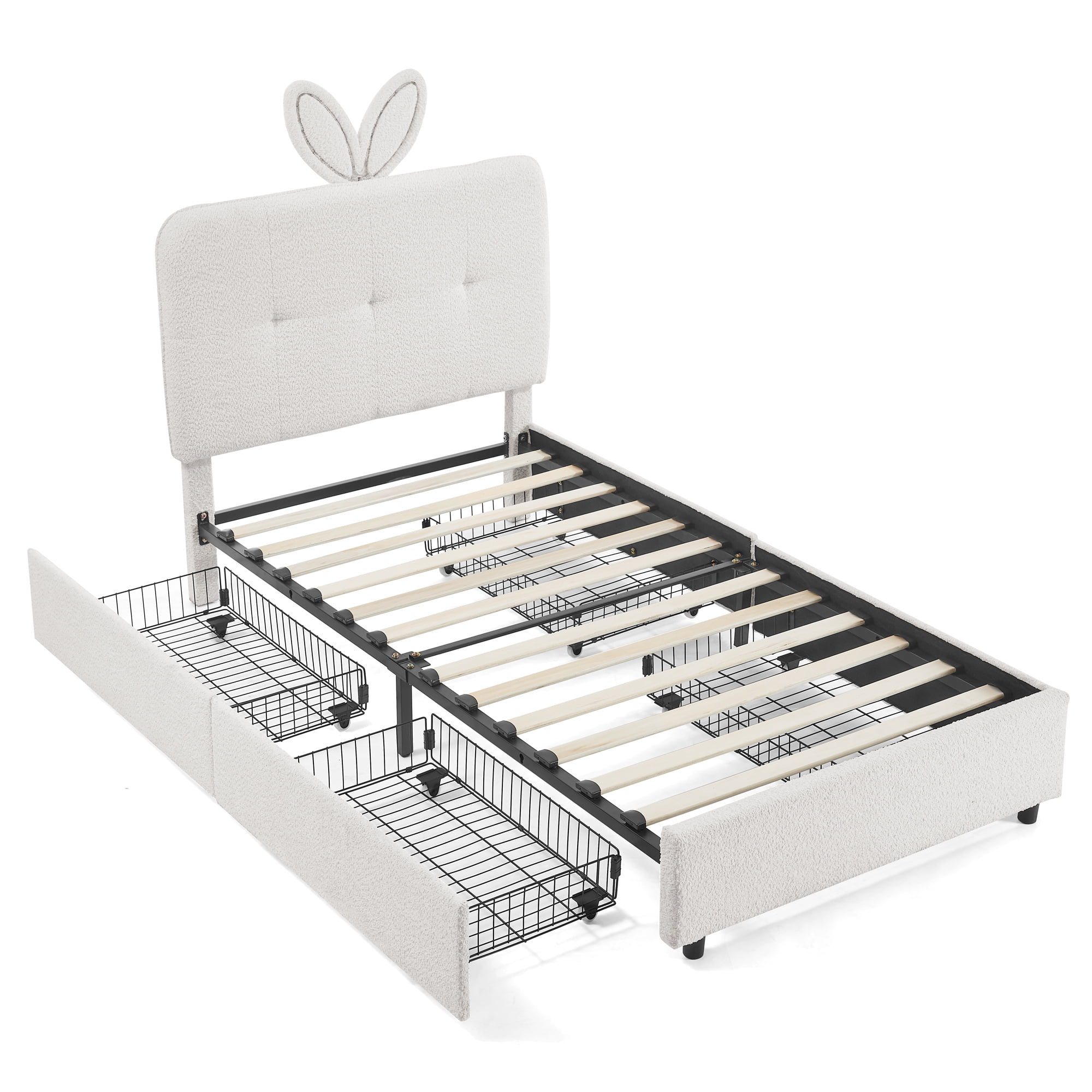 Twin Kids Bed with LED Lights and 4 Storage Drawers, Upholstered Boucle Bed Frame with Rabbit Ear Headboard, Platform Bed for Girls Boys Bedroom, Beige