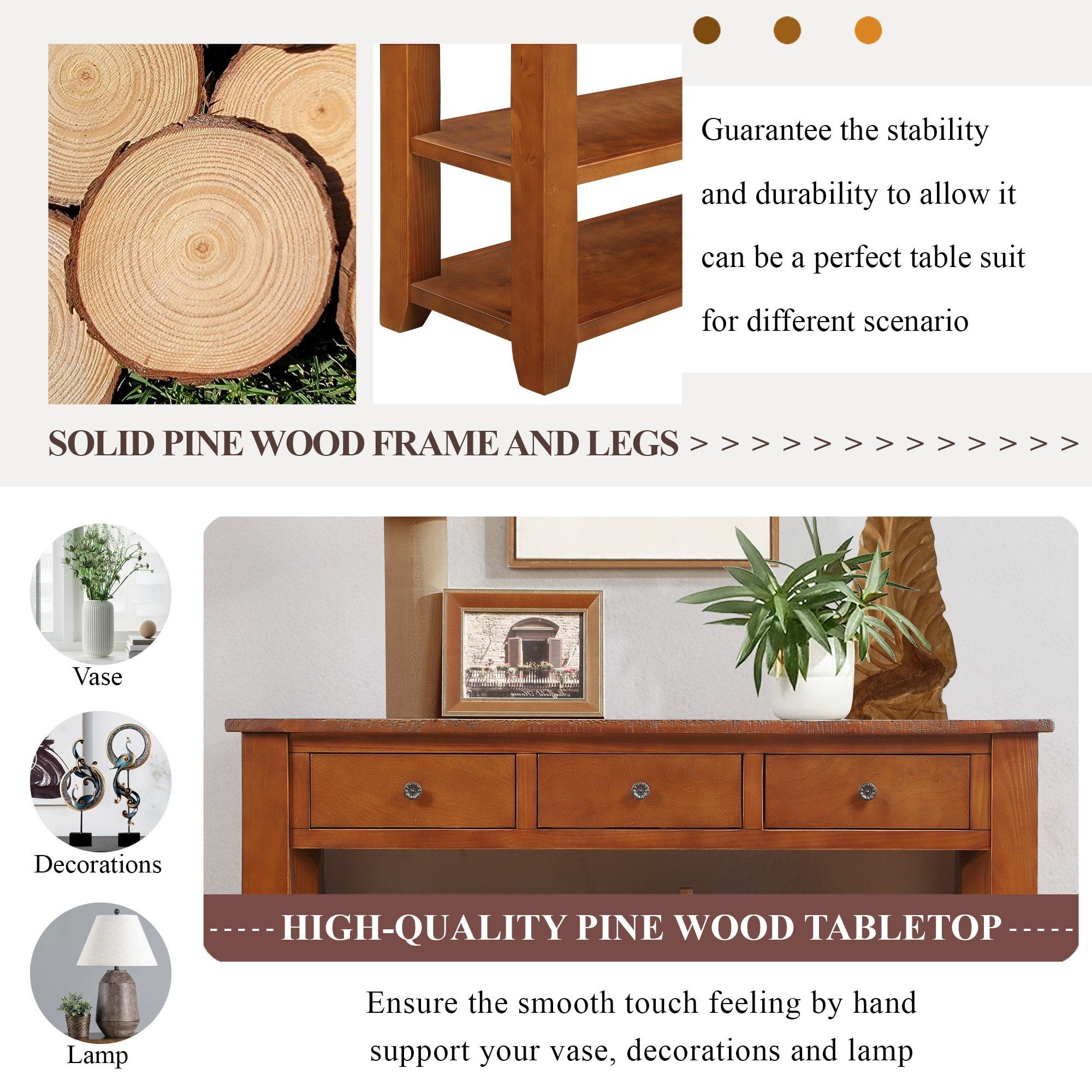 48" Solid Wood Console Table with Drawers and Shelves, Sofa Couch Entryway Table for Hallway, in Brown