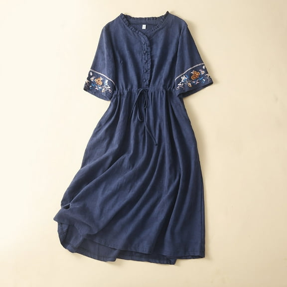 TMOYZQ Women's Boho Dresses Cotton Linen Summer Casual Short Sleeve Maxi Dress Pleated Tiered Flowy Beach Vacation Long Dresses Sundress