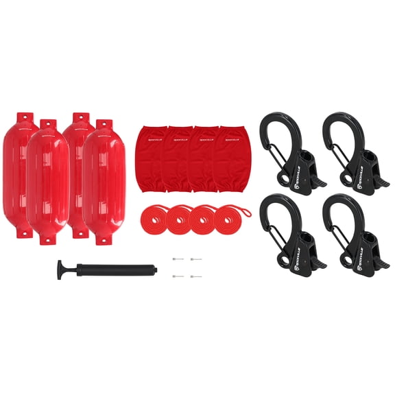 Rockville FEN410-RED Bundle: (4) 10 x 30 Inch Boat Fenders with Covers and Lines, RQA-4 Quick Release Fender Clips, Marine Dock Kit, 21-items