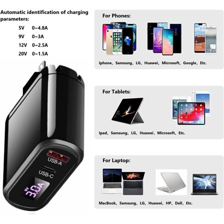 30W Wall Charger Two–Port AC DC Power Adapter Intelligent Digital Display USB-C and USB-A for Phones Tablets Notebooks