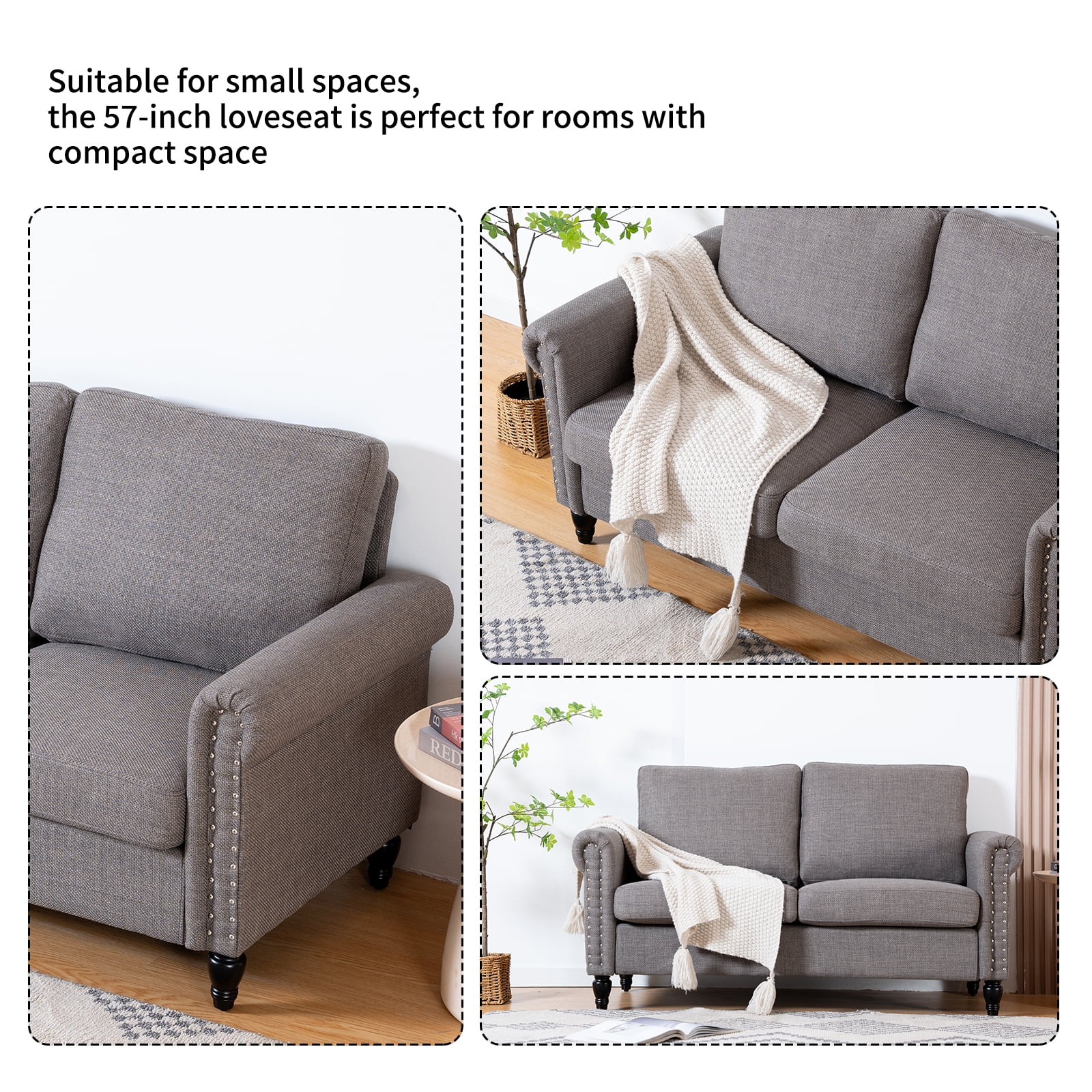57 Loveseat Sofa,2 Seat Couch with Linen Fabric,Small Couches for Small Spaces with Solid Wood Legs,Comfy Love Seat Sofa for Living Room,Bedroom,Apartment