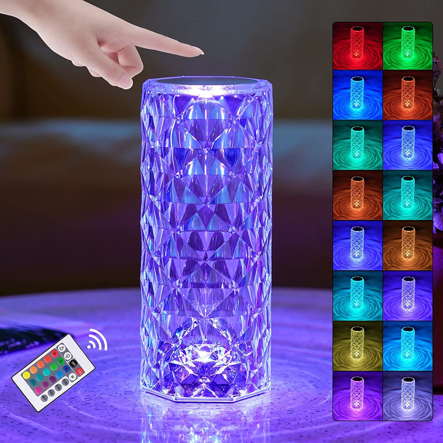 KU XIU Touch Crystal Lamp 16 Colors RGB Changing Crystal Table Lamp,Rose Diamond Acrylic Table Lamp with Remote Control & USB Port for Bedroom Bar - image 4 of 14