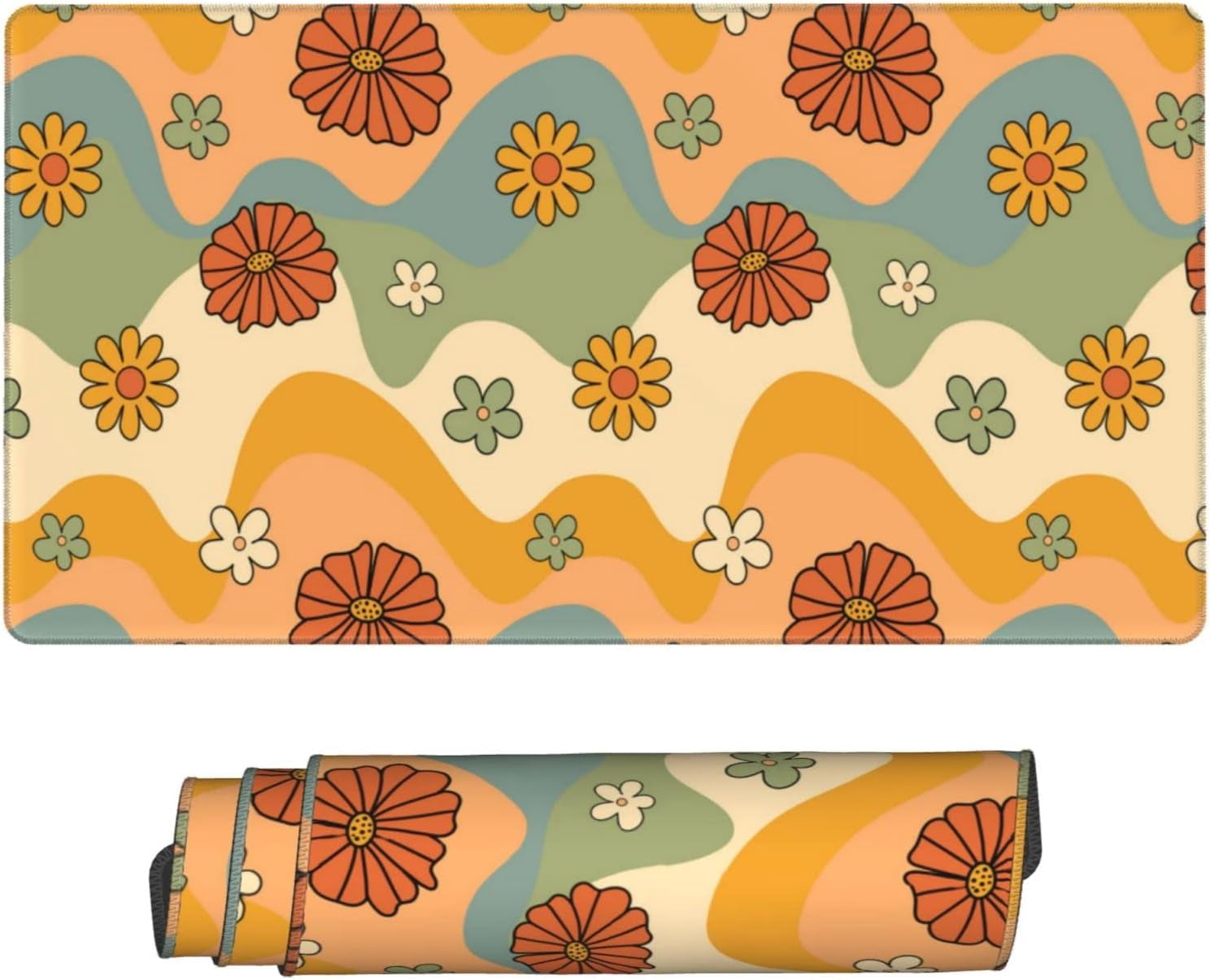 Desk Pad,70s Retro Floral Desk Mat Extended Large for Office Work & Game,Non-Slip Rubber Base and Stitched Edges,Suitable for Offices,Keyboards,Computers and Laptops 31.5" X 15.7"